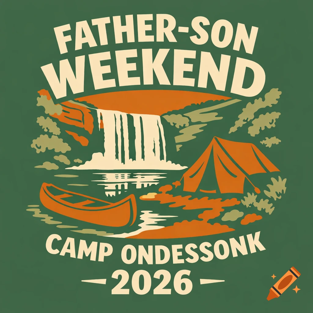 A graphic design for Father-Son Weekend at Camp Ondessonk 2026, featuring a waterfall, canoe, and tent in flat colors.