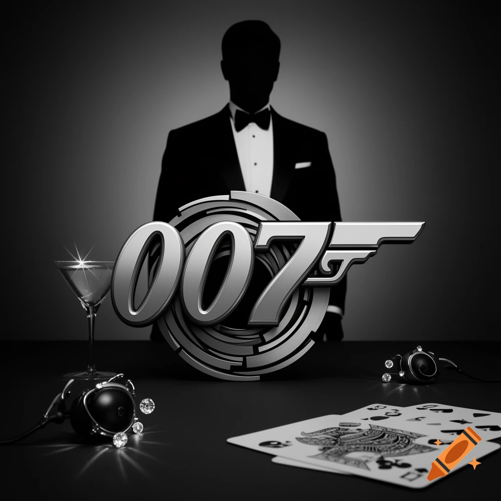 A monochromatic James Bond-themed image featuring the 007 logo, a martini glass, playing cards, and a suited silhouette.