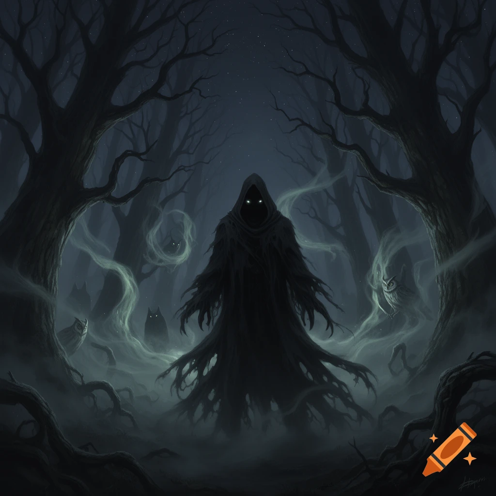 A dark hooded figure with glowing eyes stands in a misty, eerie forest ...