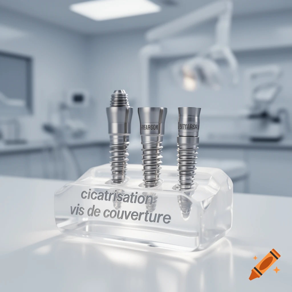 Three metal dental implants with threaded bases are displayed in a clear acrylic stand, in a blurred dental clinic background.