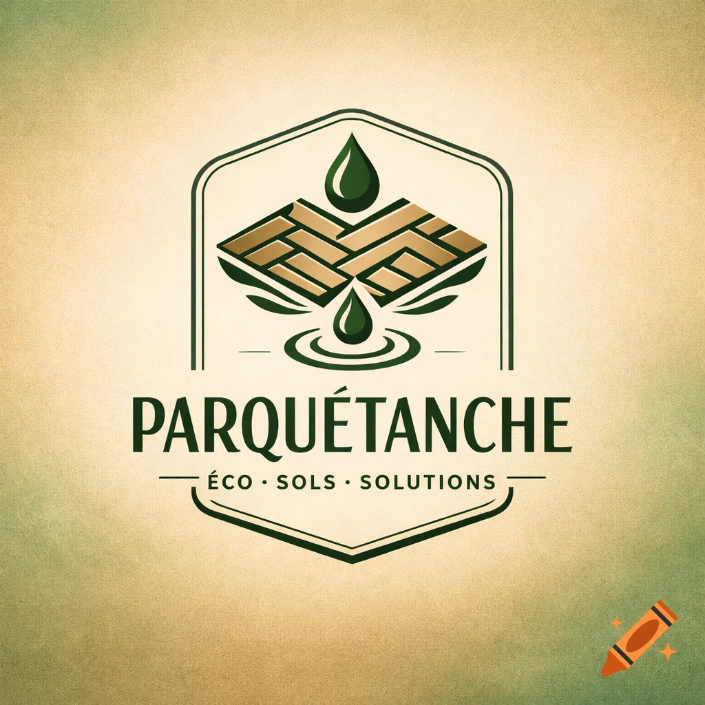 Green and gold logo for Parquétanche. Features stylized wood flooring under a water droplet, with 'PARQUÉTANCHE ÉCO • SOLS • SOLUTIONS' text.
