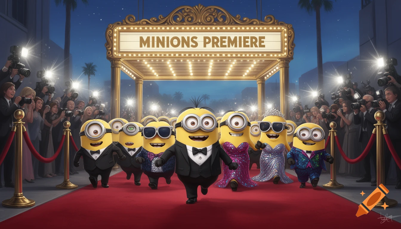 Minions in tuxedos and gowns walk a red carpet at the 'MINIONS PREMIERE', surrounded by flashing cameras.