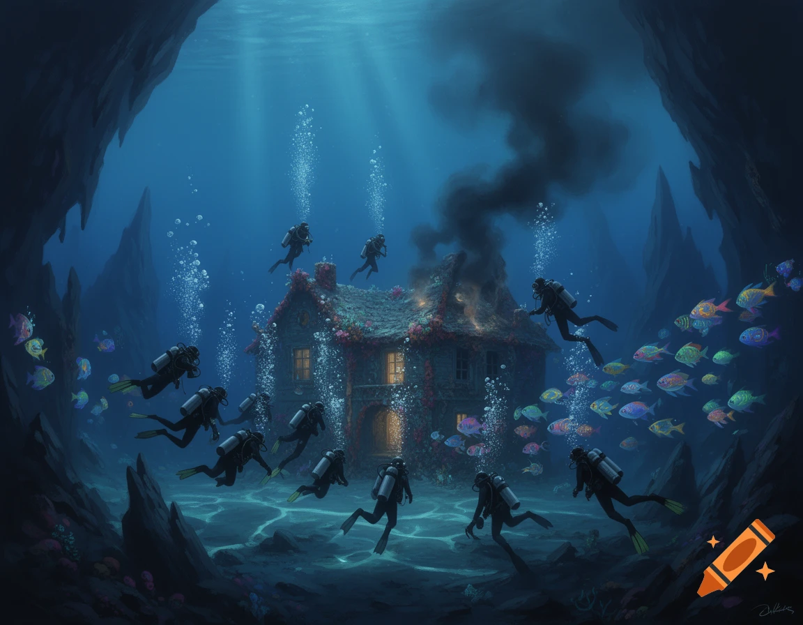 A fantasy painting of scuba divers swimming around a burning house at the bottom of a deep ocean cave, surrounded by colorful fish and bubbles.