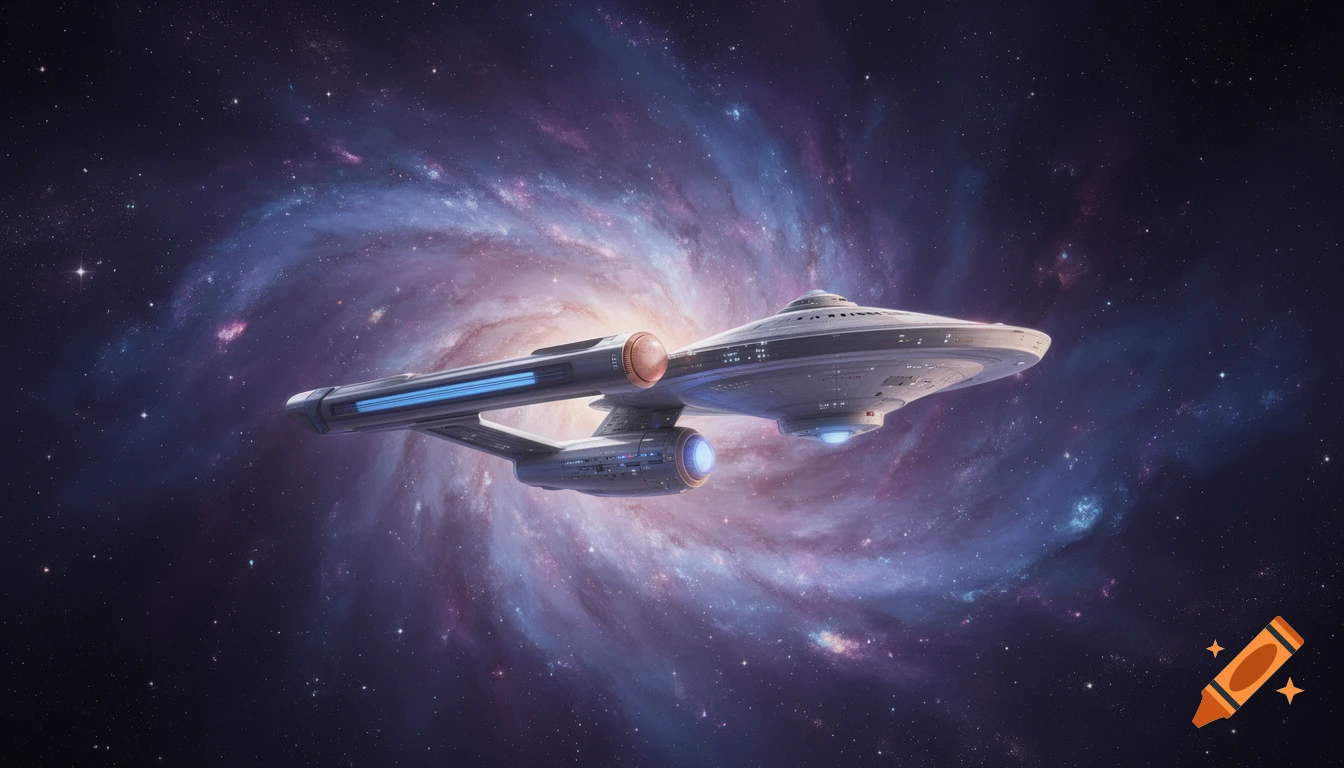 A detailed Starship Enterprise (from Star Trek) flying through space in front of a vibrant galactic nebula.