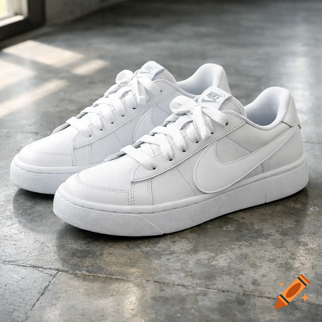 A pair of white Nike sneakers with white laces on a concrete floor.