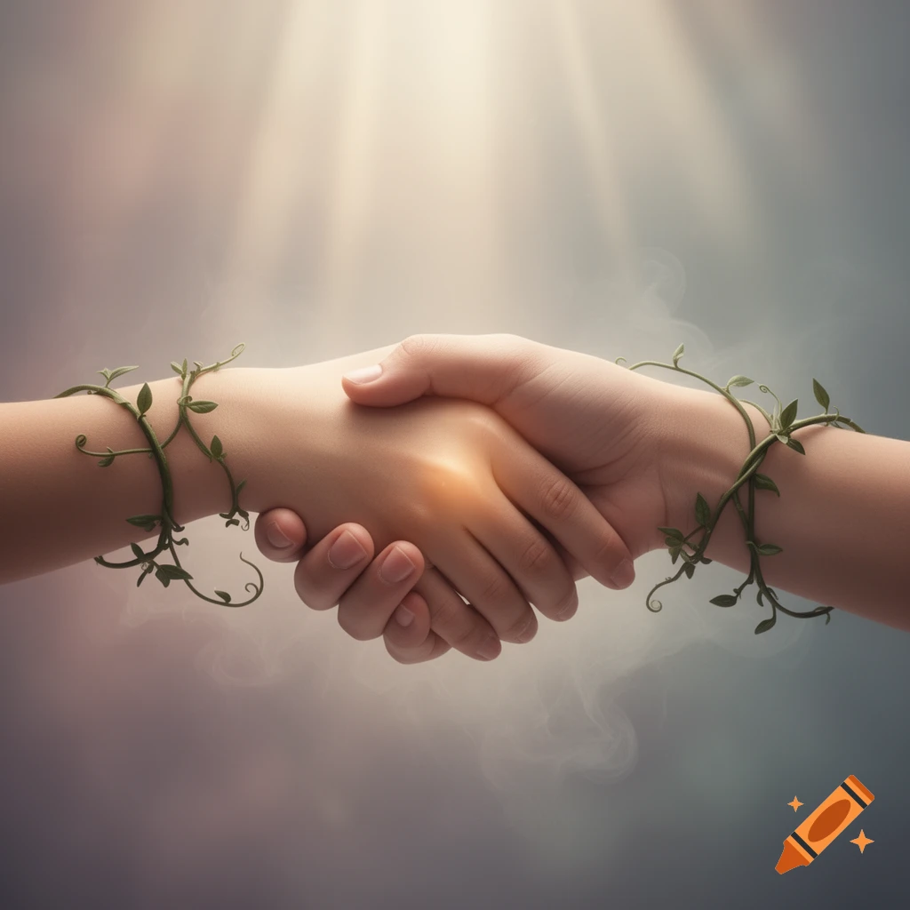 Two hands shaking, entwined with green vines, against a soft, glowing background.