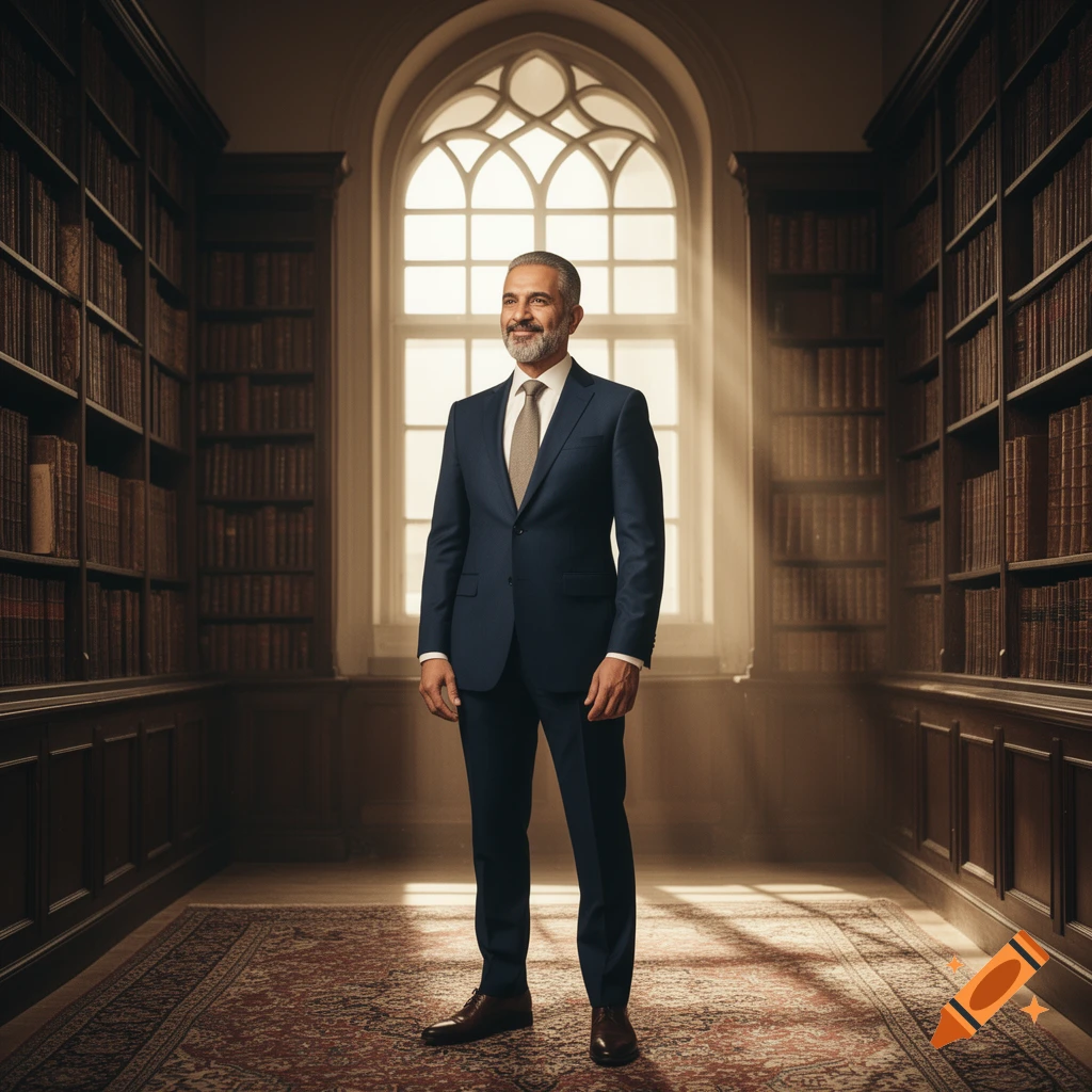 A well-dressed man in a blue suit stands confidently in a grand library with tall bookshelves and a large arched window.