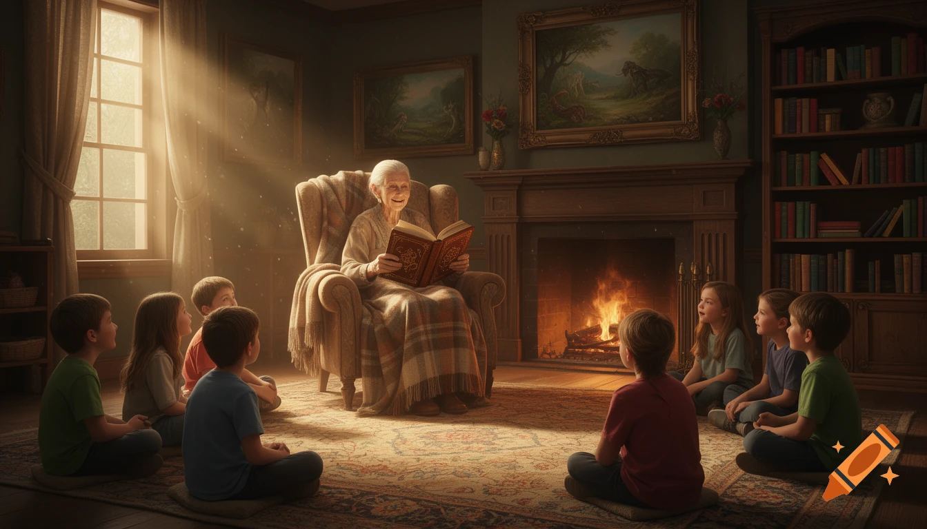 Elderly woman reads a book to several children sitting on the floor in a sunlit room by a cozy fireplace.