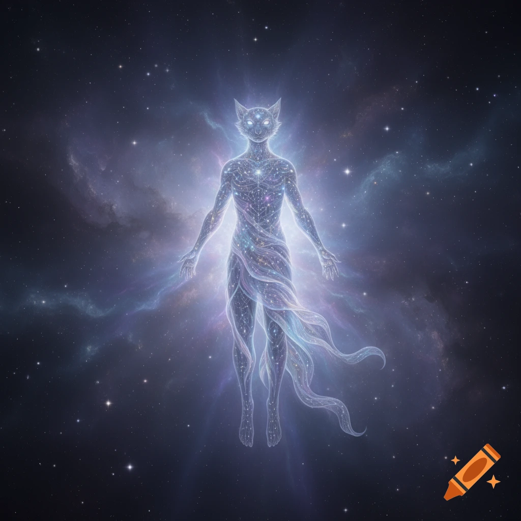 An ethereal, glowing cat-headed humanoid figure, composed of stars and light, floats in a dark cosmic nebula.