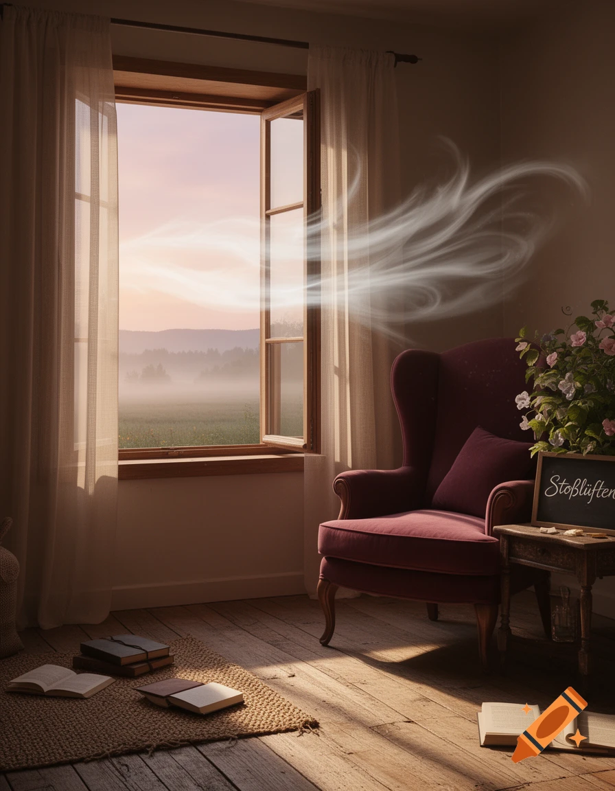 A cozy room with an open window overlooking a misty landscape, featuring a red armchair and books. A chalkboard reads "Stoßlüften".