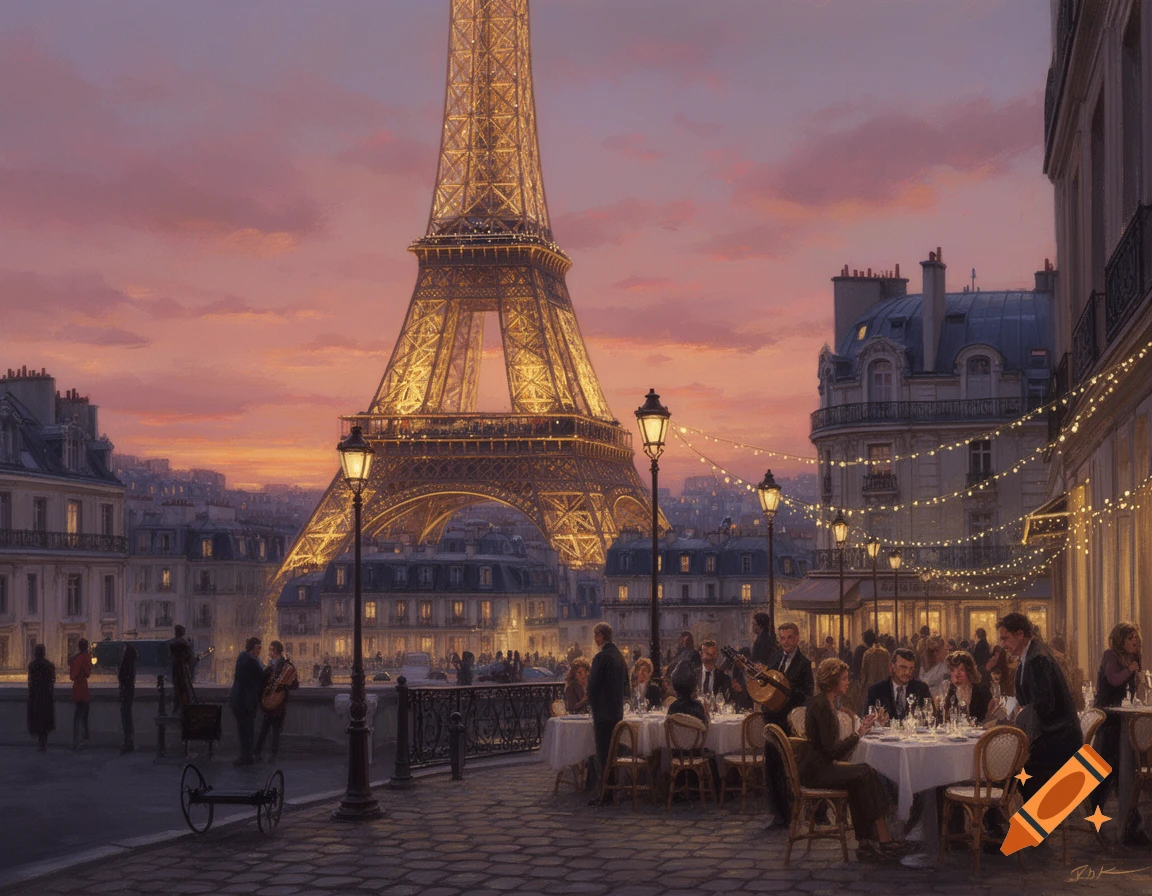 A painterly depiction of a lively Parisian street cafe at dusk, with the illuminated Eiffel Tower towering in the background.