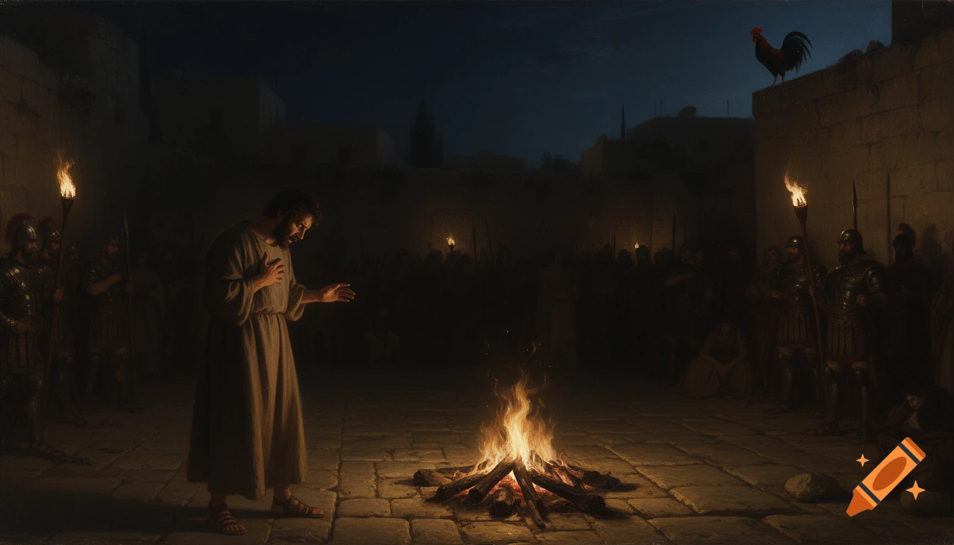 Dramatic painting of Peter standing by a campfire at night, surrounded by Roman soldiers in an ancient courtyard, with a rooster on a wall.