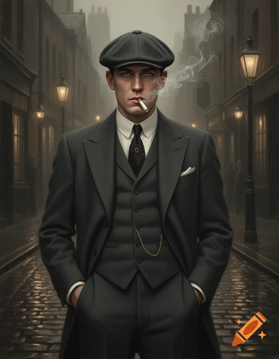 A man resembling Tommy Shelby in a grey three-piece suit and flat cap stands smoking a cigarette in a rainy, cobbled street with glowing gas lamps.