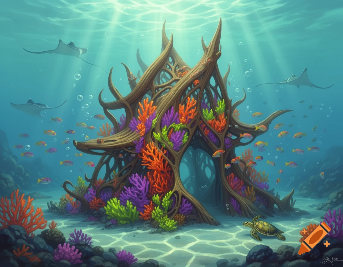 An enchanting underwater scene with a large, intricate wooden structure adorned with vibrant coral and marine life, including rays and a sea turtle.