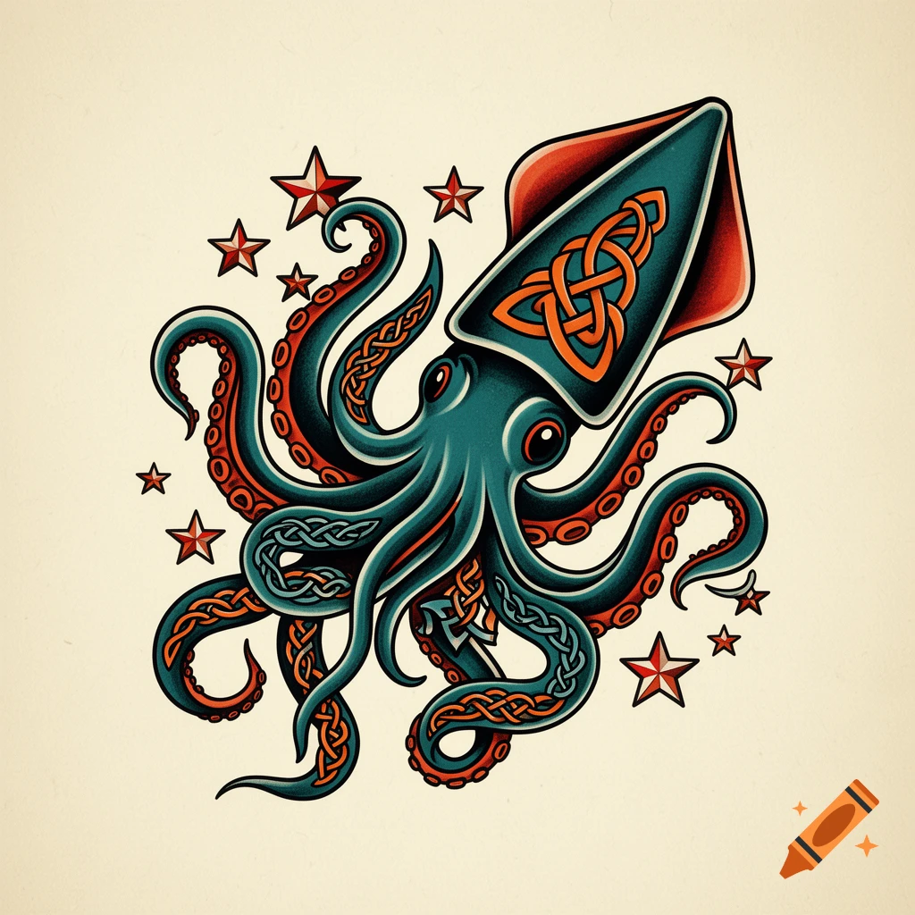 American traditional tattoo style illustration of a teal blue squid with deep orange tentacles, Celtic knots, and surrounding nautical stars.