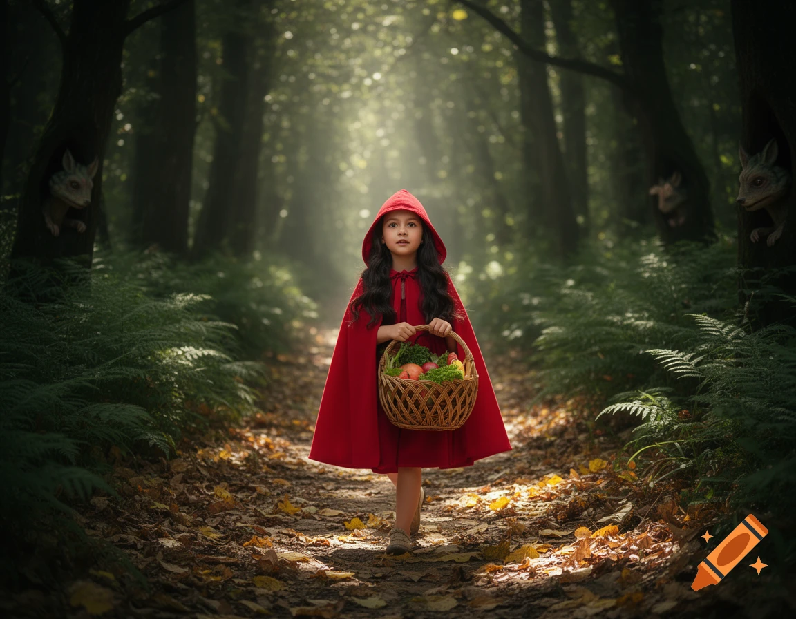 A young girl in a red hooded cape walks a sunlit forest path, holding a basket. Stylized fox faces are in tree hollows.