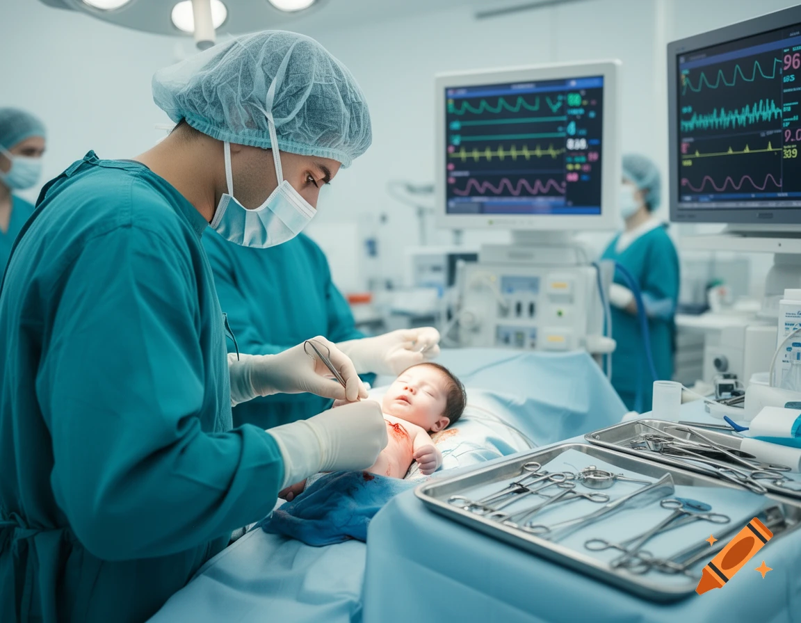 A photorealistic image of a surgeon in scrubs, mask, and cap, performing surgery on a baby in an operating room.
