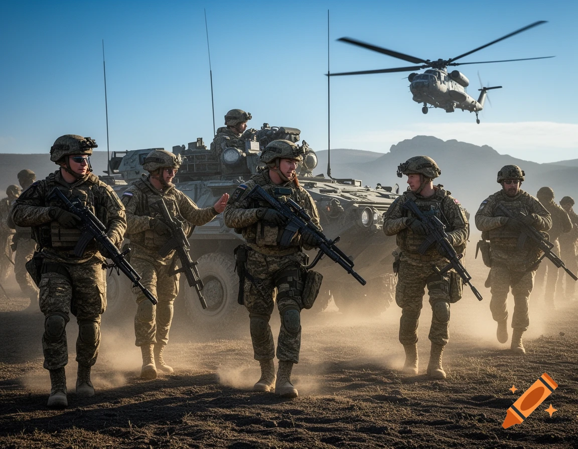 Photorealistic image of armed soldiers in camouflage walking across a dusty field with an armored vehicle and a helicopter in the background under a clear sky.