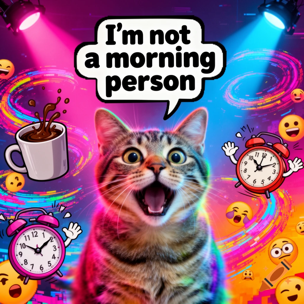 A wide-eyed cat with a speech bubble saying 'I'm not a morning person' surrounded by coffee, alarm clocks, and emojis in a vibrant, cartoon style.
