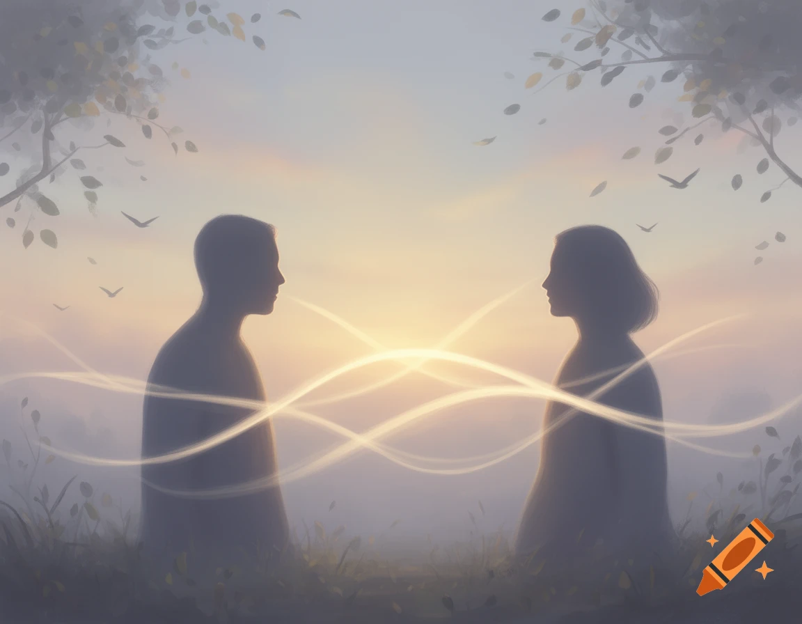Two abstract silhouettes face each other with glowing lines between them in a misty, peaceful dawn landscape with trees and birds.
