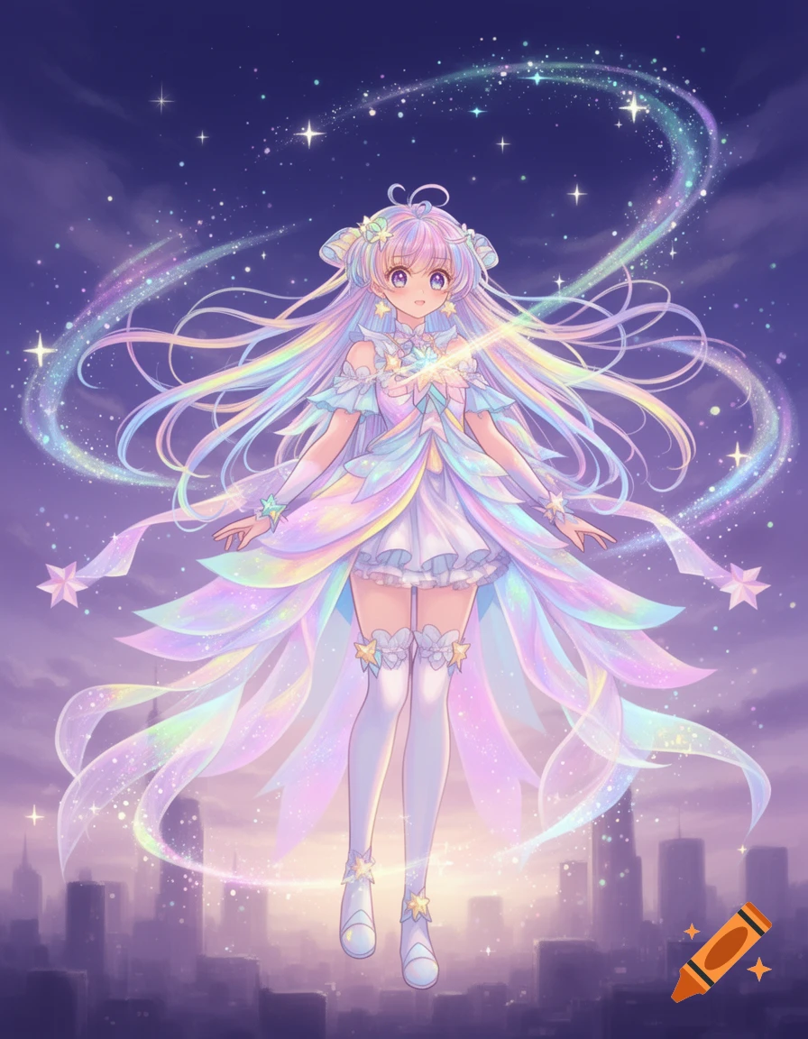 An anime magical girl with long, flowing rainbow hair and a sparkly dress floats above a city at night, surrounded by stars and magical light trails.