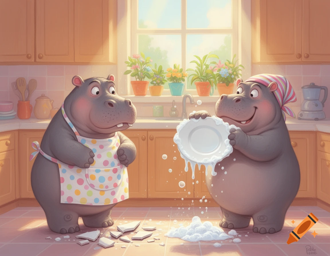 Two cartoon hippos in a sunny kitchen, one looks dismayed at a broken plate on the floor, the other happily washes a sudsy plate.