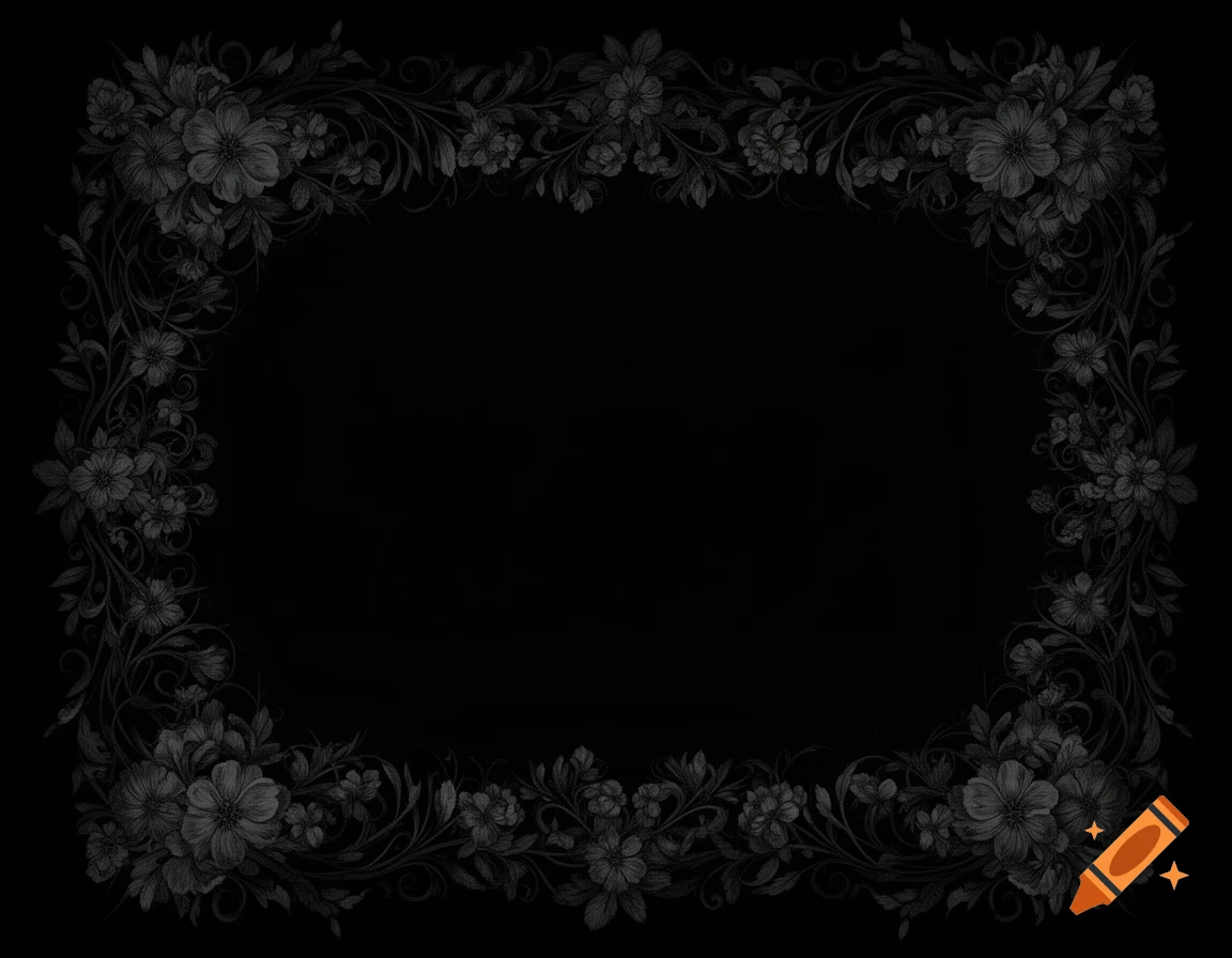 An ornate, dark gray floral frame with swirling vines and blossoms on a black background.