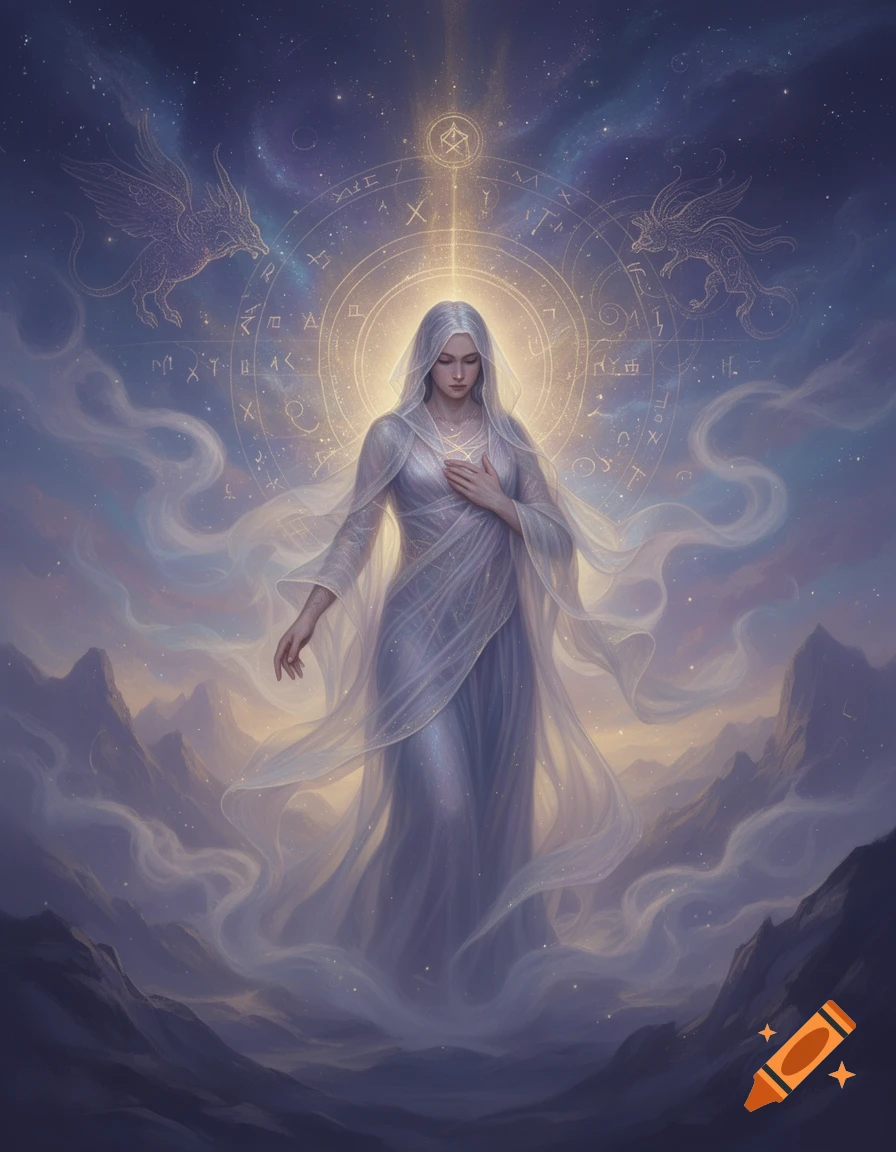 A mystical woman in a flowing white gown stands amidst glowing arcane symbols, celestial dragons, and mountains under a starry sky in a fantasy style.