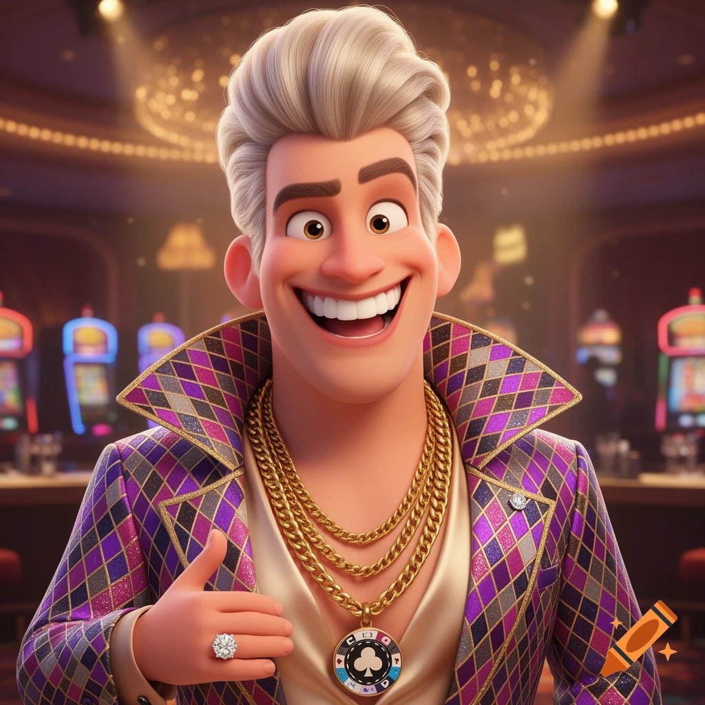 Stylized 3D caricature of a showman in a diamond-pattern suit and gold chains, smiling in a casino.
