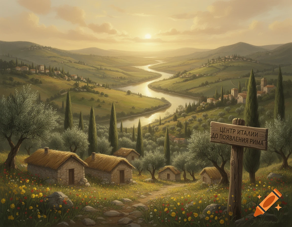 A vibrant painting of a Tuscan landscape at sunset, featuring rolling hills, a winding river, small stone houses, cypress trees, and a wooden sign with Russian text.
