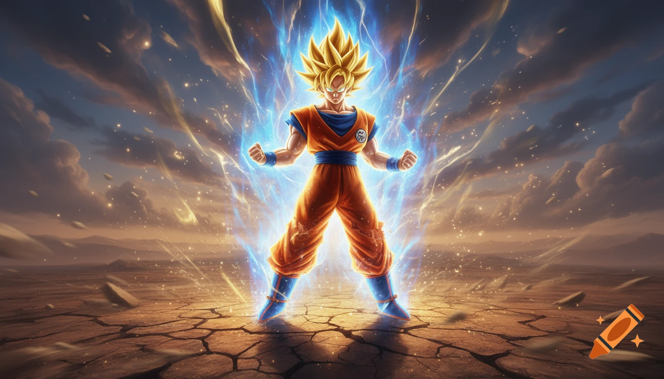 Super Saiyan Goku stands powerfully radiating blue and gold energy in a cracked desert under a dramatic sky, anime style.
