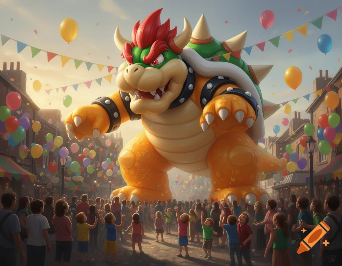 A giant inflatable Bowser parade balloon floats above a street filled with cheering crowds and colorful balloons under a festive sky.