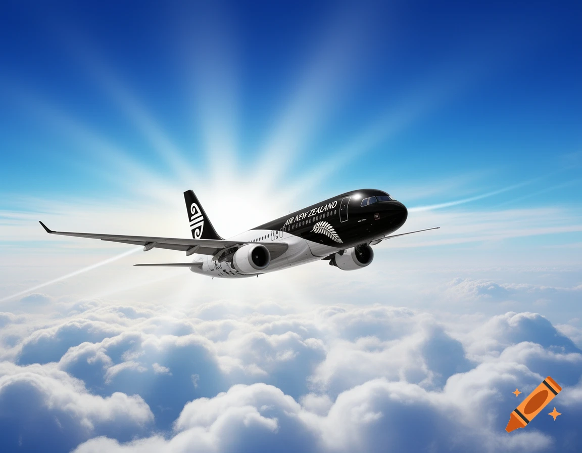 A black and white Air New Zealand airplane flying above white clouds in a bright blue sky with sun rays behind it, photorealistic style.