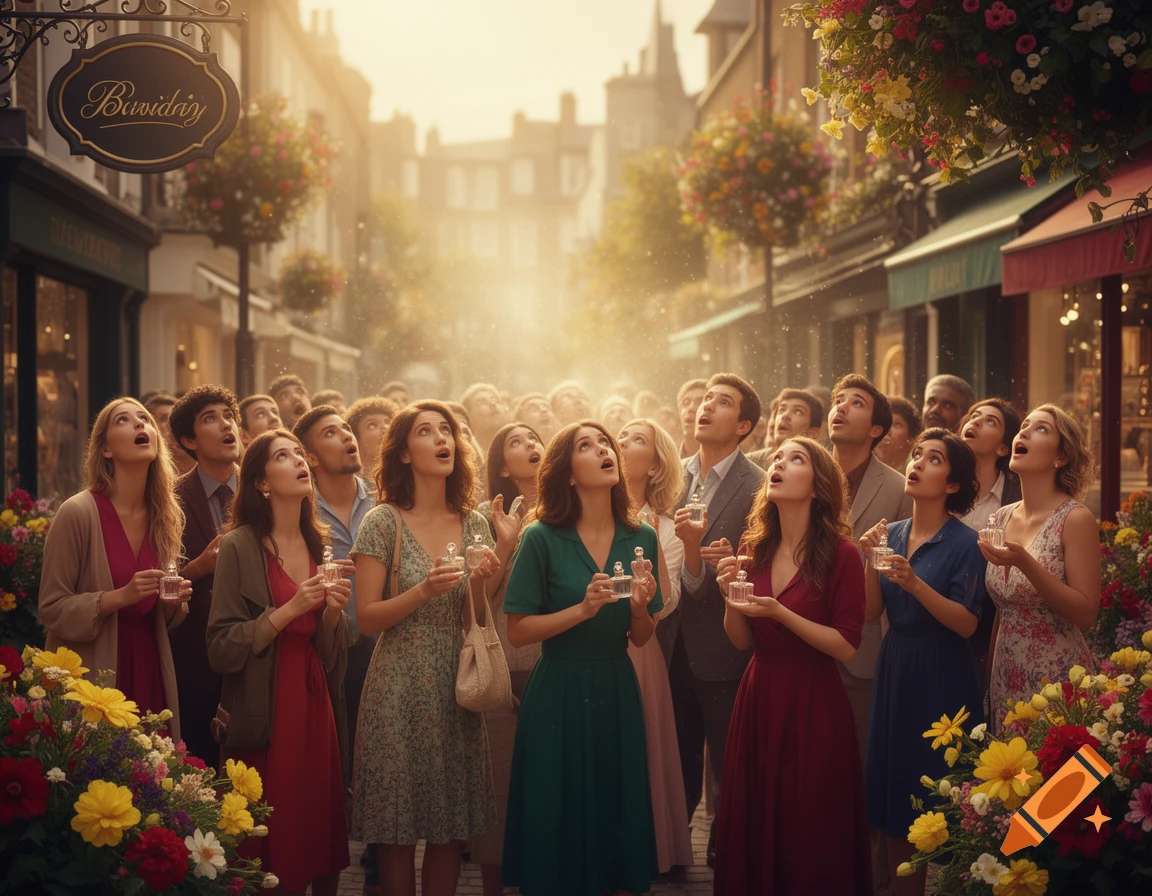 A crowd of people on a sunny street look up in wonder, many holding small perfume bottles, surrounded by flowers and shops.