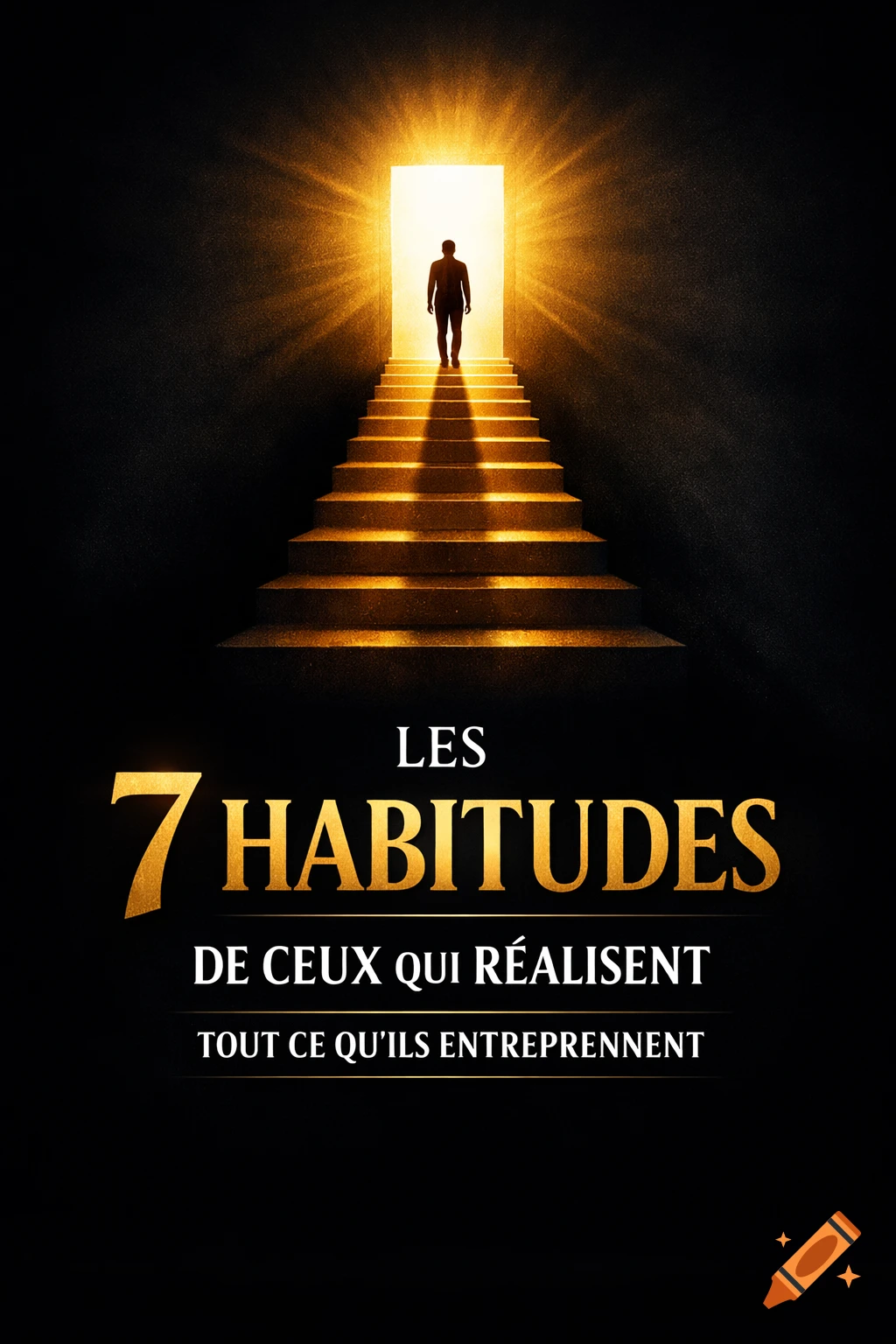 Silhouette of a person walking up golden stairs towards a bright, glowing doorway. Text reads: LES 7 HABITUDES DE CEUX QUI R ALISENT TOUT CE QU ILS ENTREPRENNENT.
