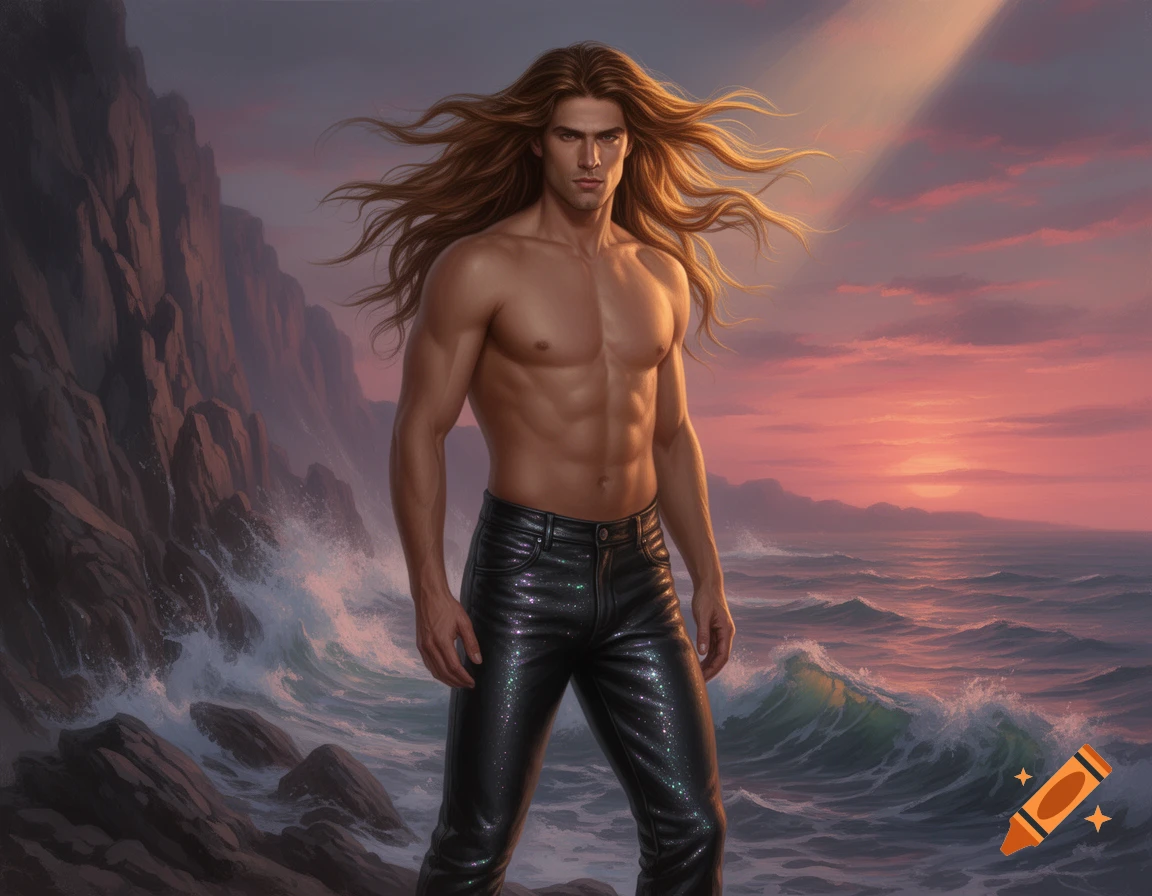 A handsome, muscular man with long, windblown hair stands shirtless in glittering black pants on a rocky coast with crashing waves at sunset.