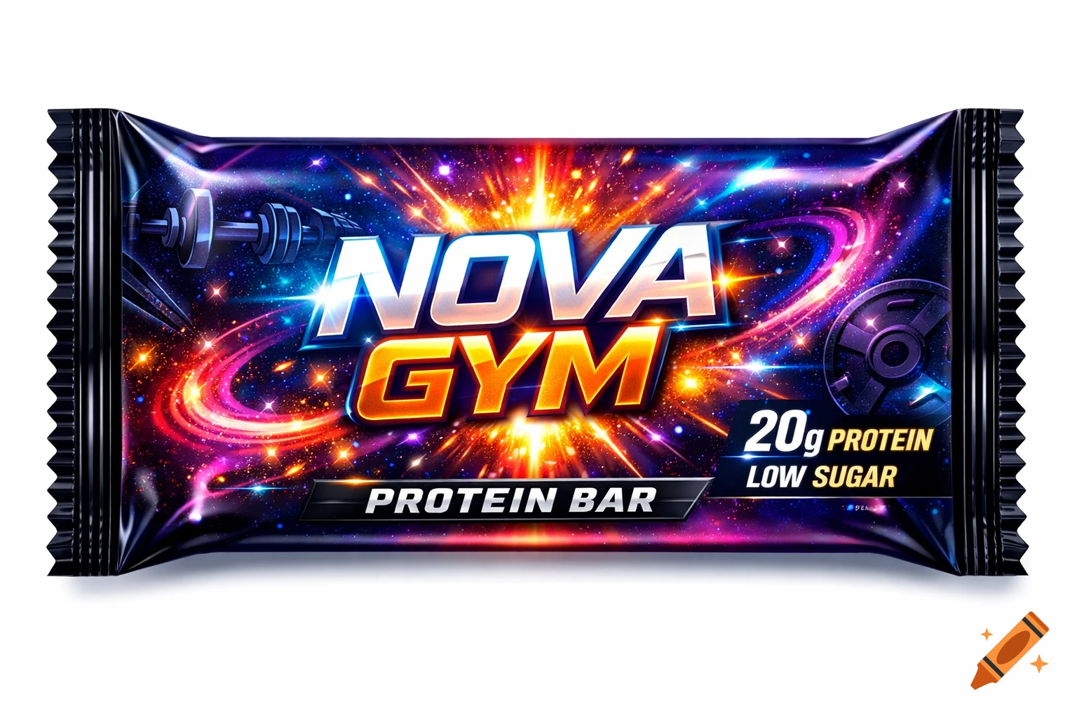 A shiny black protein bar wrapper for 'NOVA GYM' with a vibrant galaxy background, dumbbells, and text '20g Protein Low Sugar Protein Bar'.