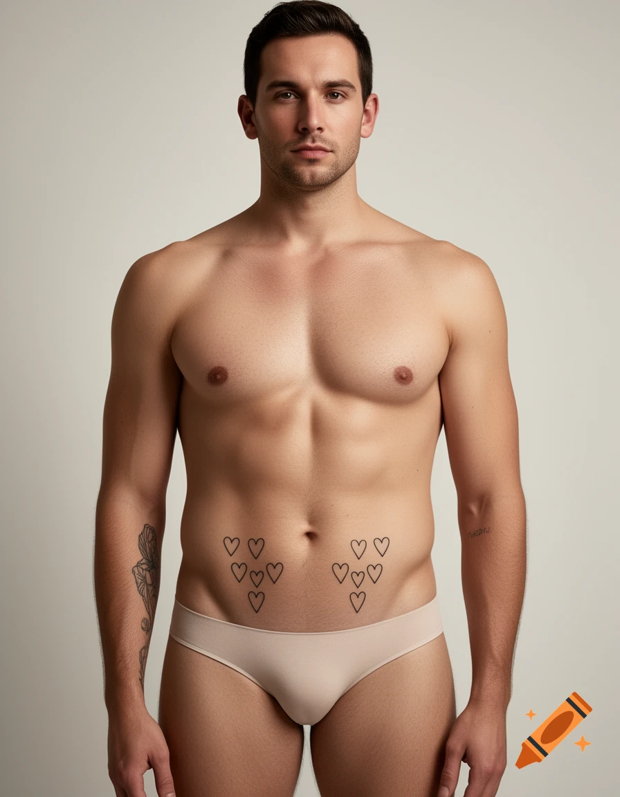 Artistic studio portrait of a man with heart tattoos on his lower abdomen, wearing minimal-cut underwear.