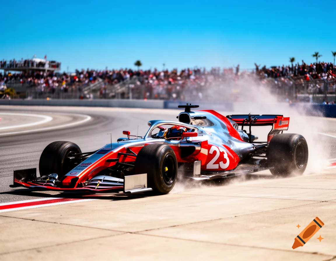 A red and silver F1 car with the number 23 speeding on a track, kicking up dust with a crowd in the background under a blue sky.
