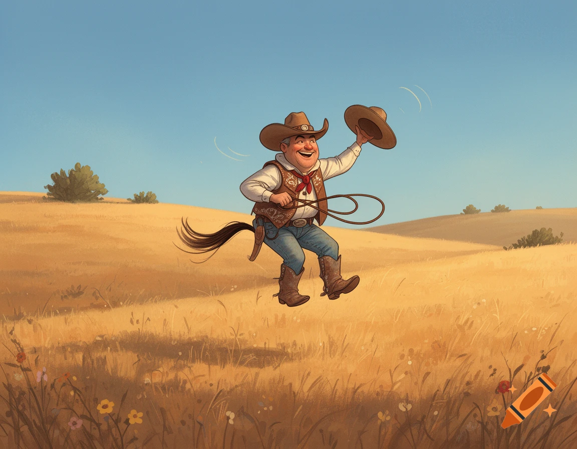 A whimsical cartoon cowboy in a field, holding a lasso and waving his hat while floating in the air with a horse tail attached.