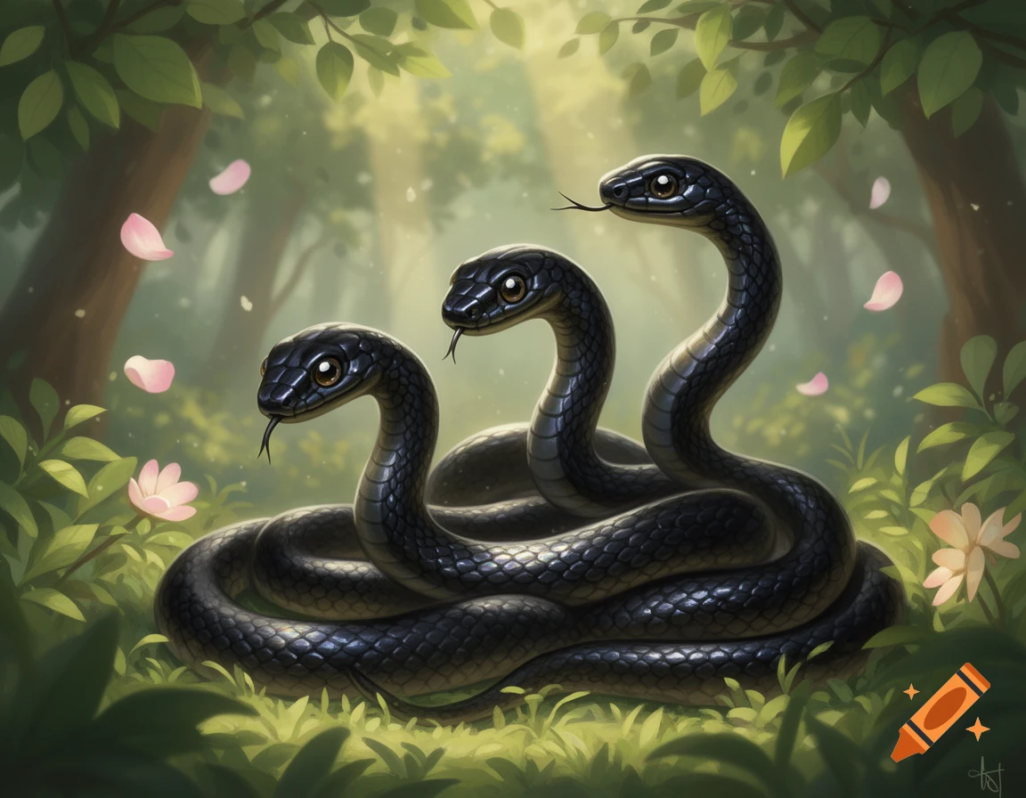 Three adorable black snakes coiled among green foliage in a sunlit forest, with pink petals floating around.