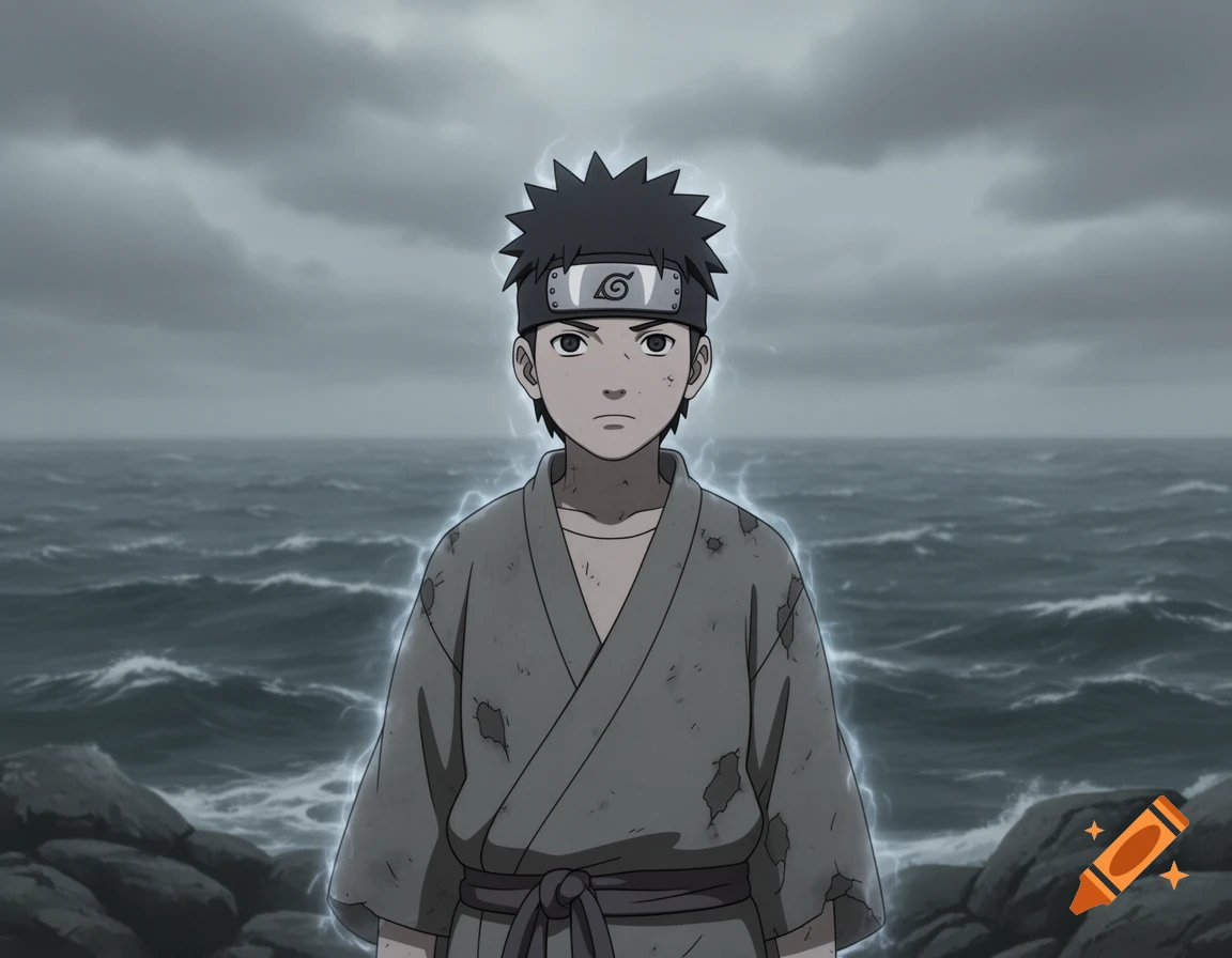 An anime-style character in a grey robe and headband stands by a stormy sea under a dark, cloudy sky, with lightning-like energy around him.