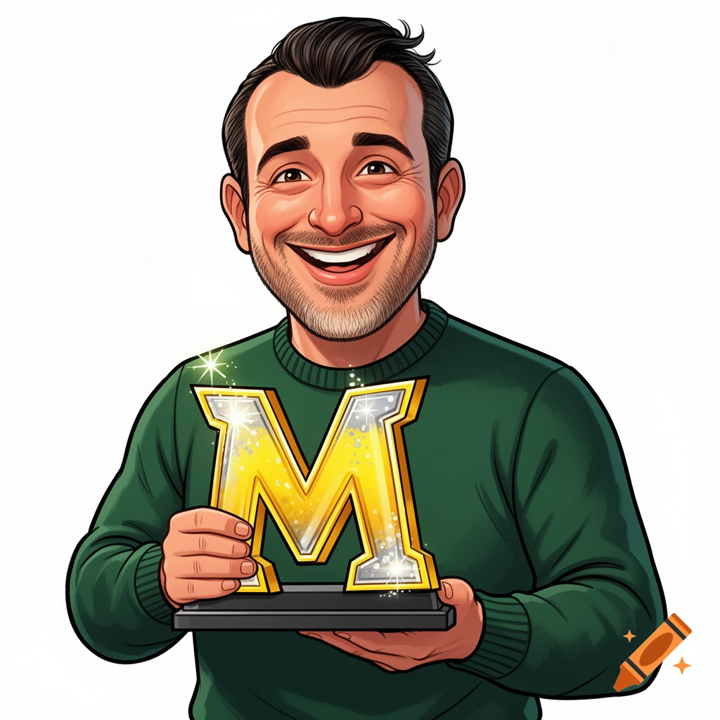 A smiling cartoon man in a green sweater holds a sparkly gold letter M award.