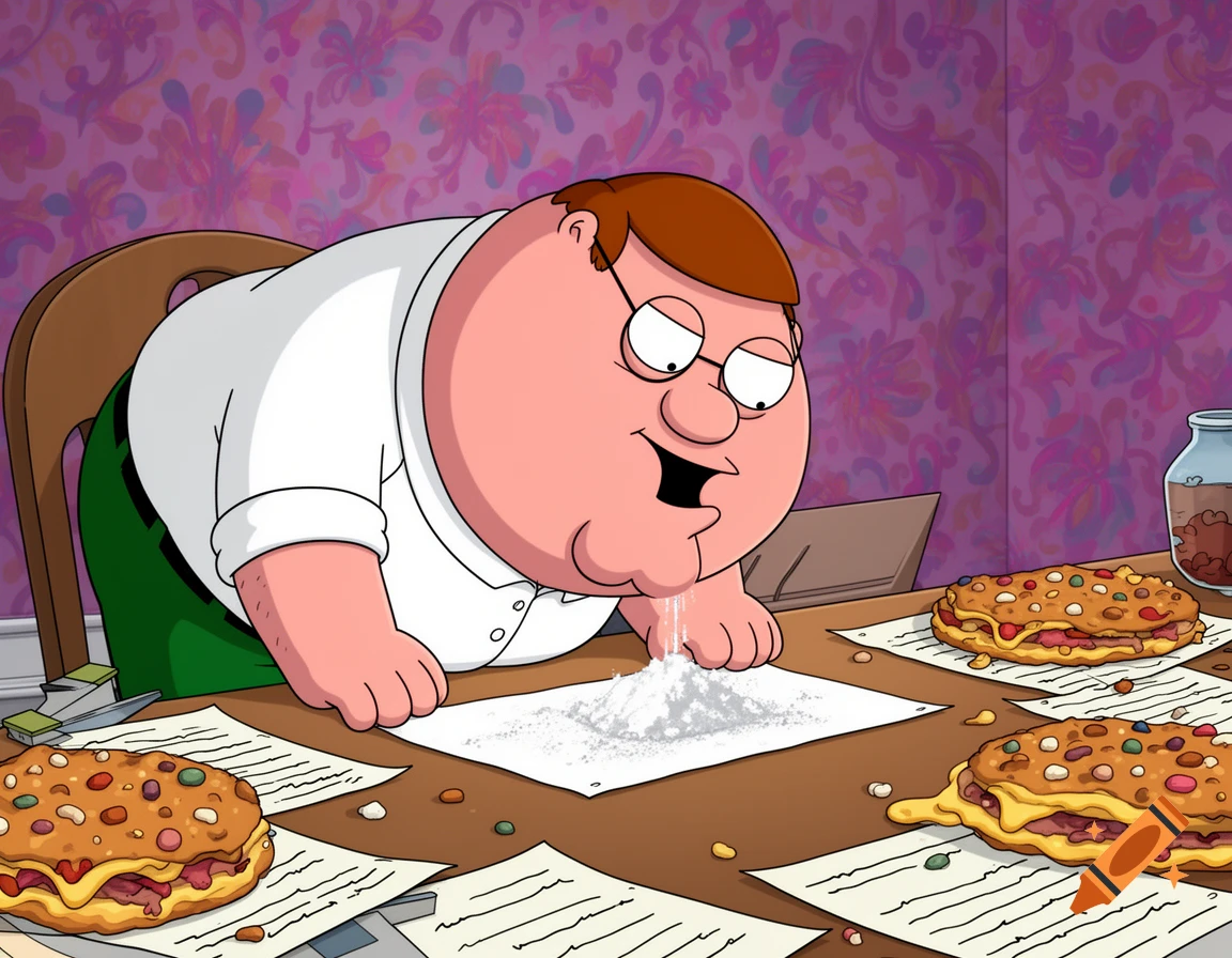 Peter Griffin sniffs a line of white powder from paper on a table with pastries, in a cartoon style.