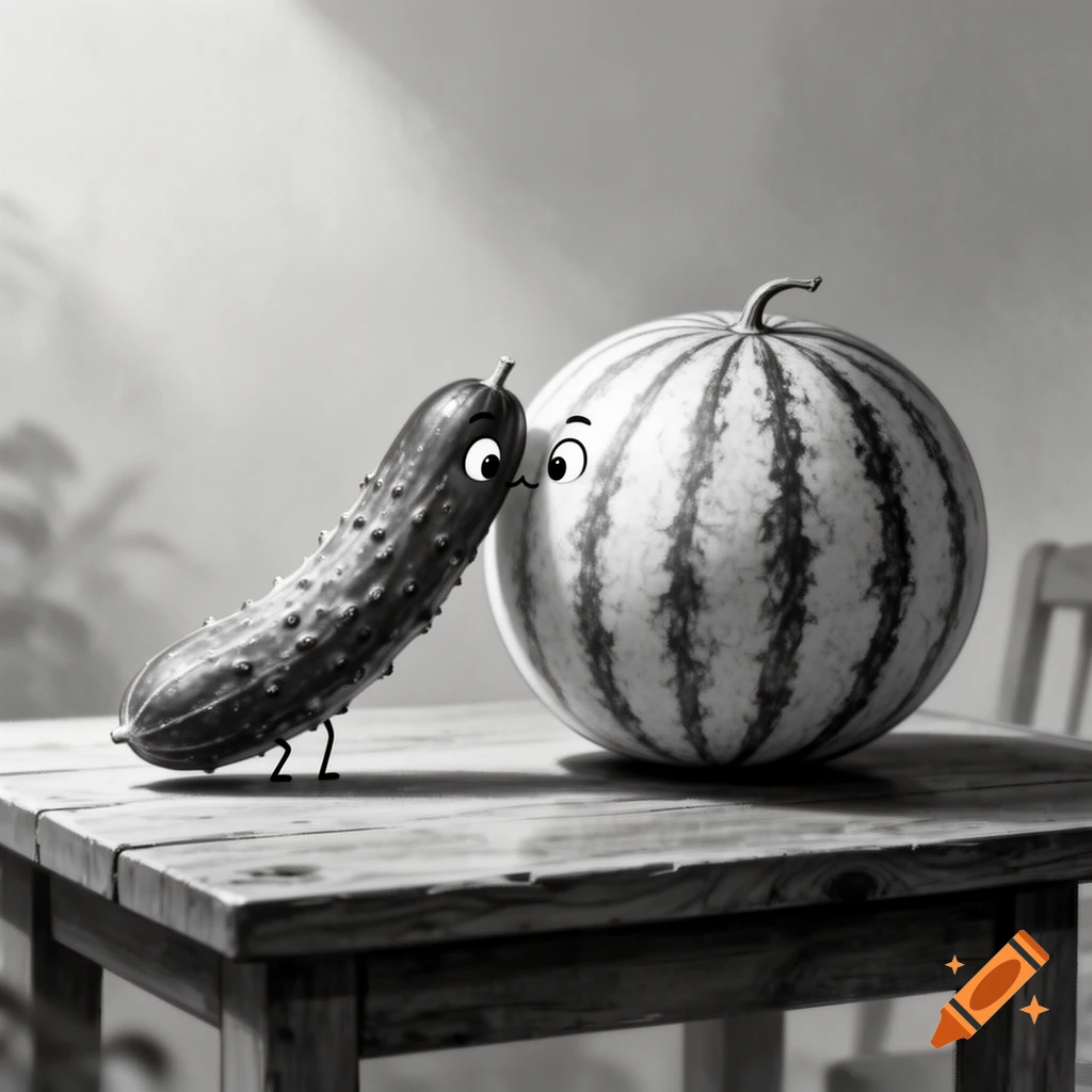 A black and white cartoon of a cucumber with eyes and tiny legs leaning against a large watermelon with eyes, on a wooden table.
