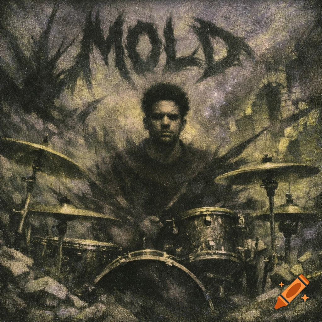Gritty, abstract album cover art with a drummer, chaotic energy patterns, and the title 'MOLD'.