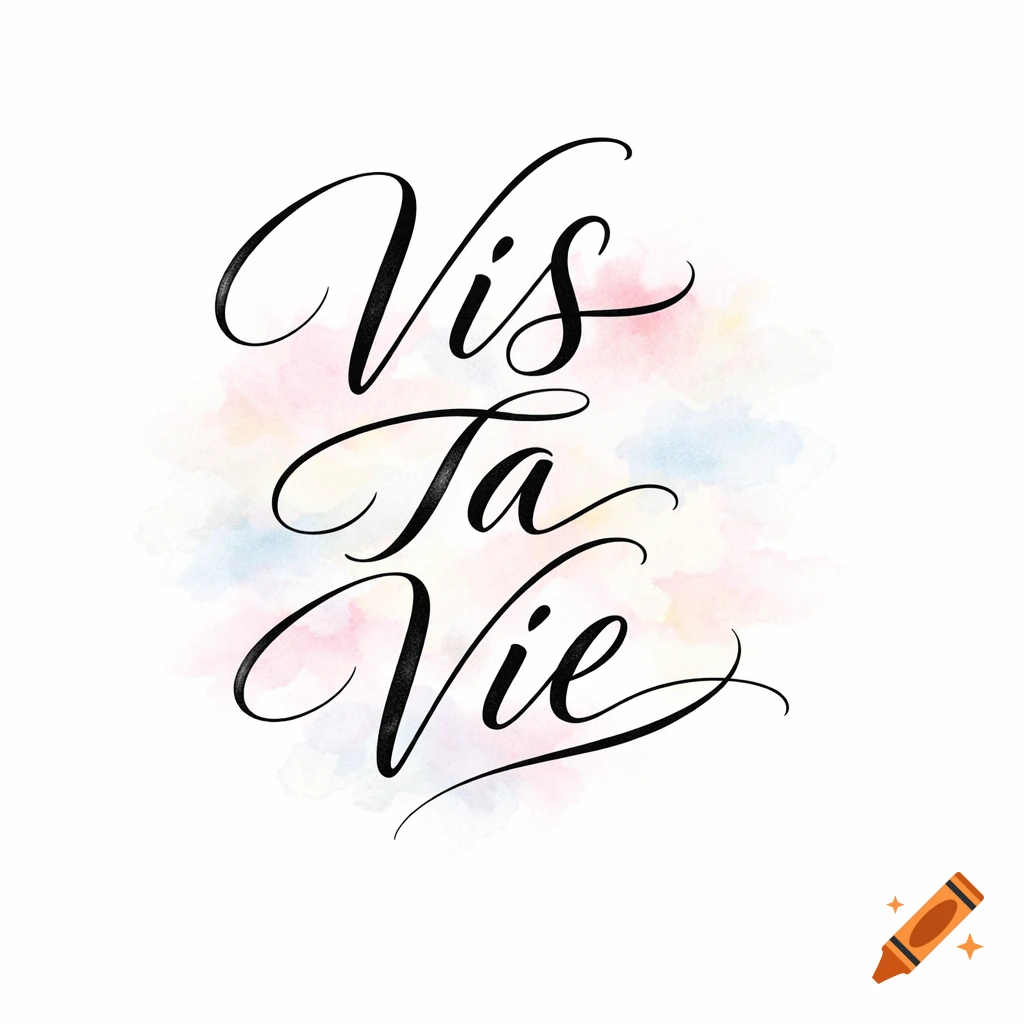 Black calligraphic text 'Vis Ta Vie' on a white background with pastel watercolor splatters.