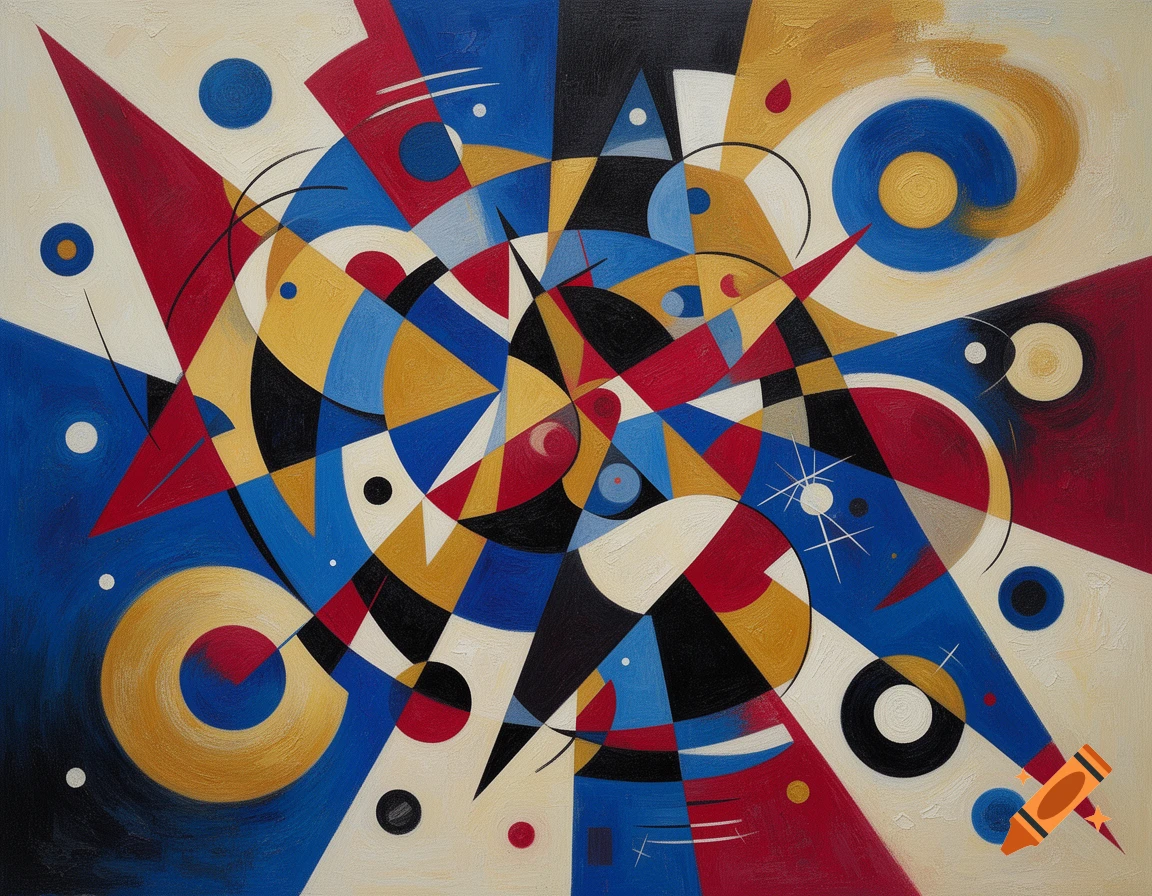 Abstract painting with a dynamic composition of red, blue, black, white, and gold geometric shapes, lines, and circles.