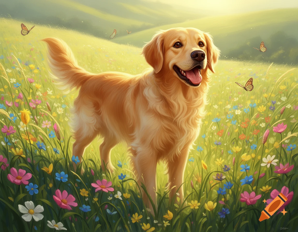 A happy Golden Retriever dog stands in a vibrant field of colorful ...