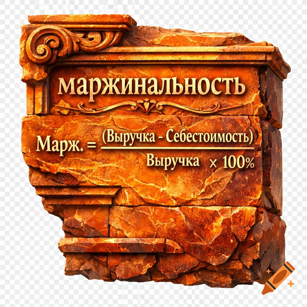 An orange-red stone cornerstone with the Russian word 'Marginality' and its mathematical formula carved on it.